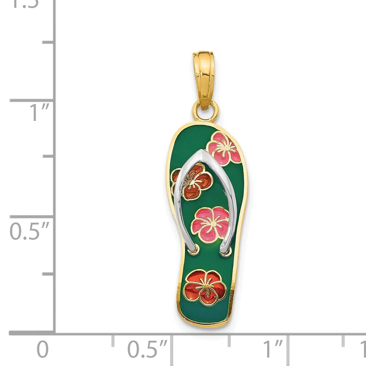 14K Yellow Gold, White Rhodium Solid RED, Green, Pink Enameled Finish with Flowers  Design Flip Flop Sandle Charm Pendant