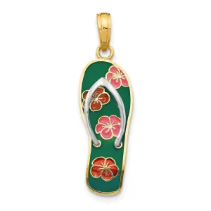 14K Yellow Gold, White Rhodium Solid RED, Green, Pink Enameled Finish with Flowers  Design Flip Flop Sandle Charm Pendant