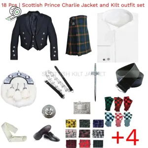 18-Piece Scottish Prince Charlie Jacket, Vest, and Kilt Set