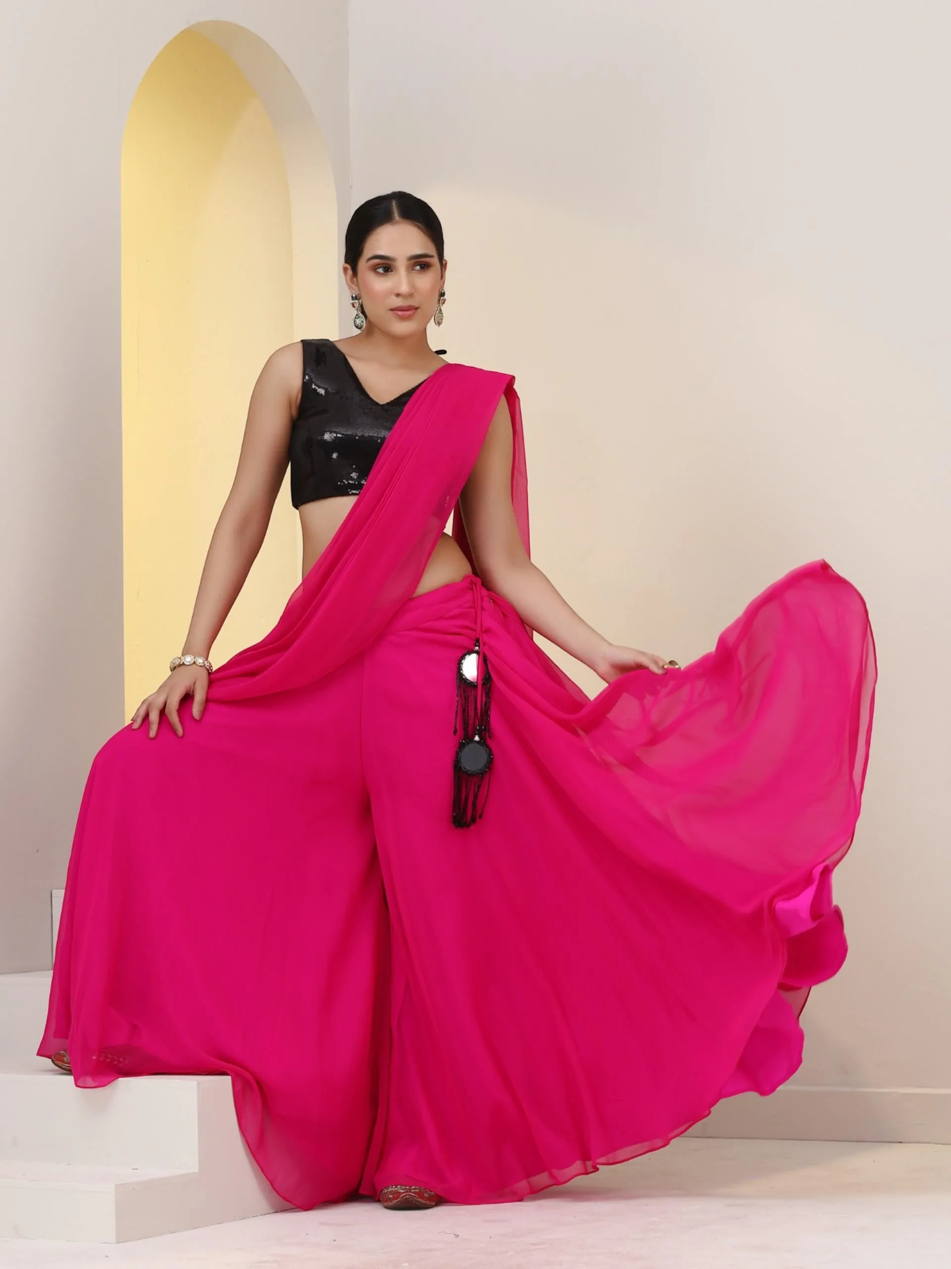 2 pc SET - Fuschia Georgette Sharara with Pallu and Black Sequin Blouse