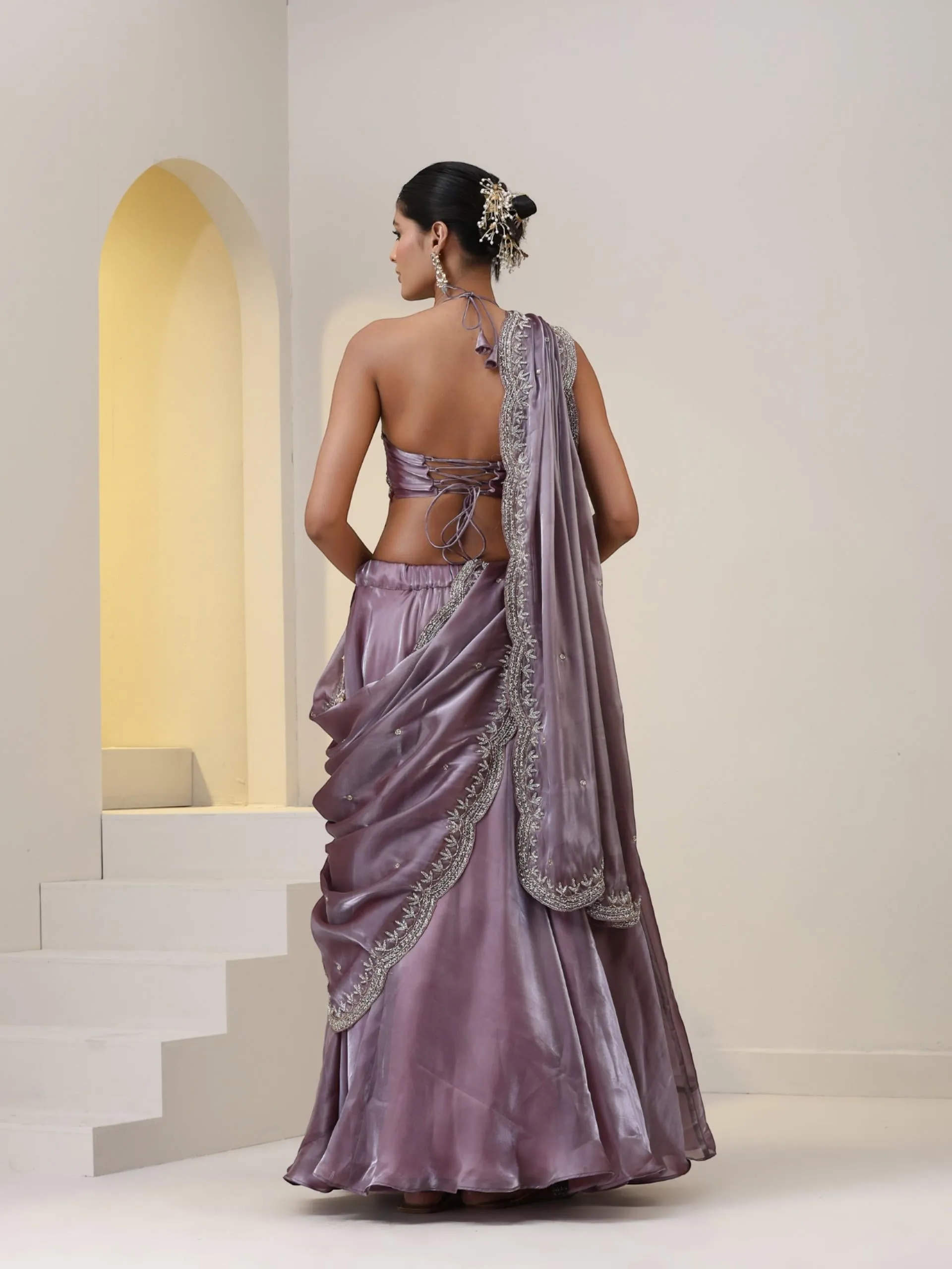 3 pc SET - Mauve Brazil Lehenga with Cut Dana Embroidered Blouse Fabric and Dupatta