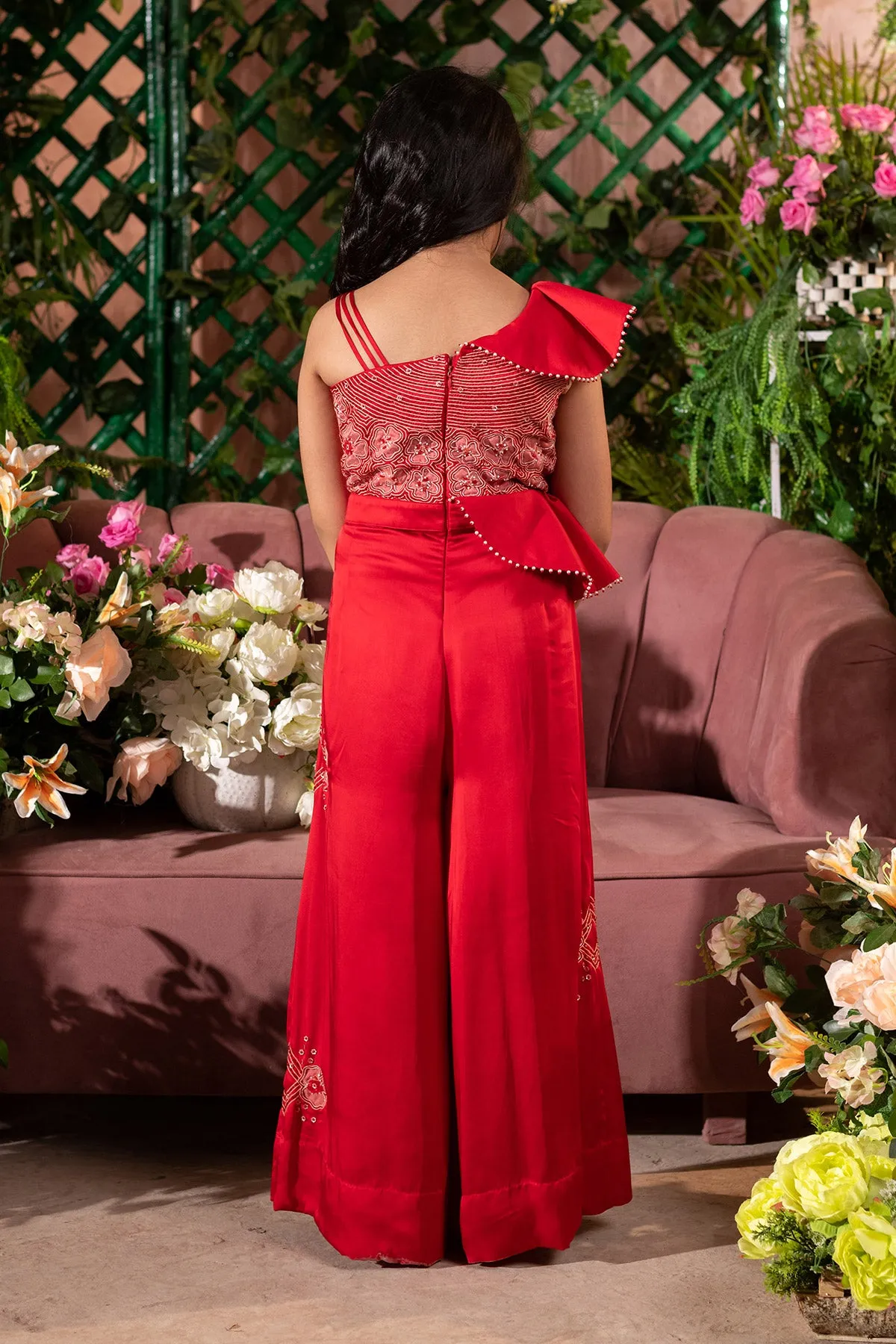 ADEEM - Embroidered German Satin Red Jumpsuit