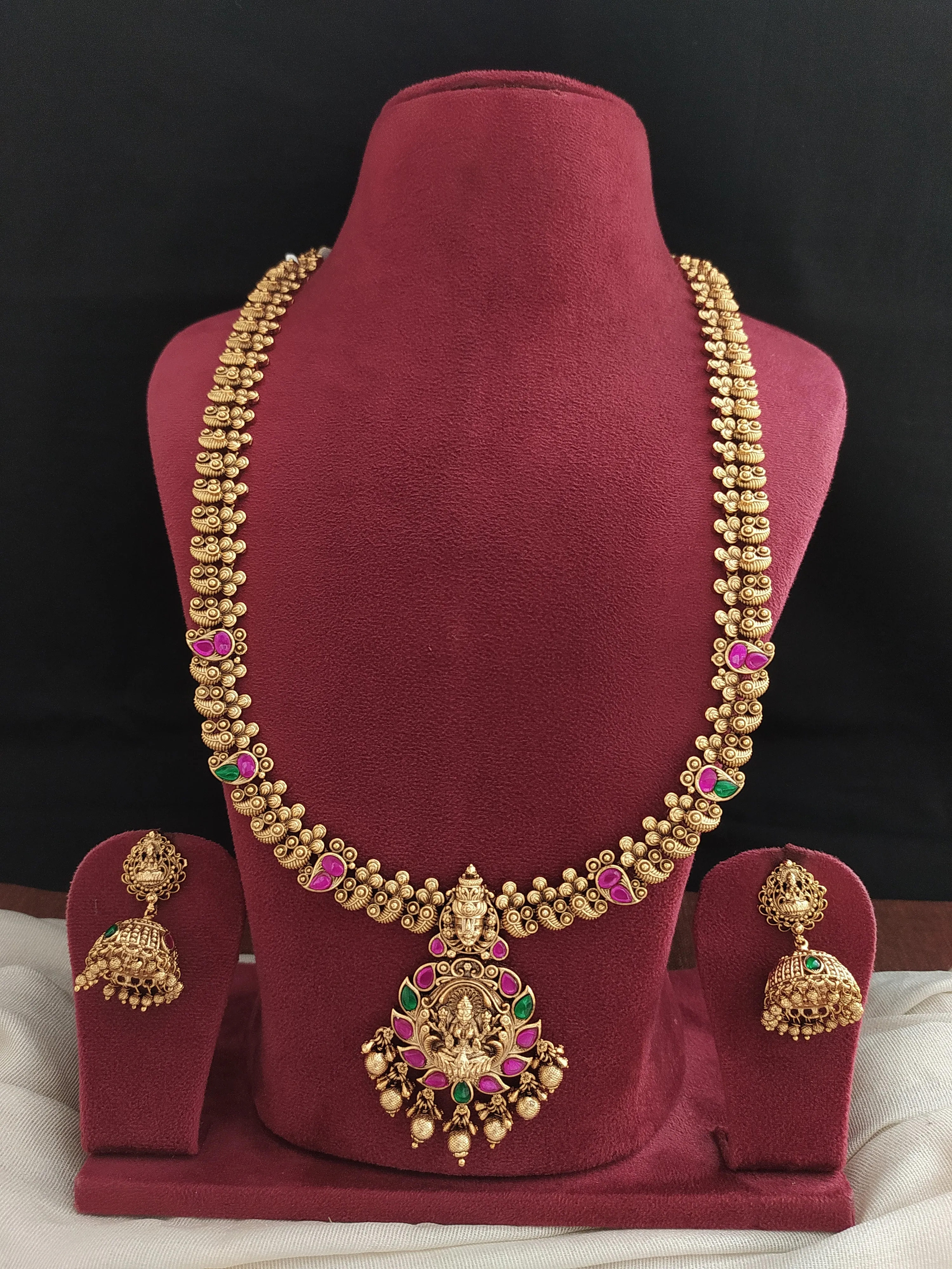 Antique Copperish Finish Long Haram Set with Nakshi & Jadau Kundan Work and Lakshmi Pendant