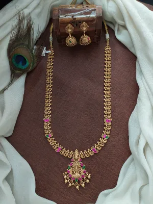 Antique Copperish Finish Long Haram Set with Nakshi & Jadau Kundan Work and Lakshmi Pendant