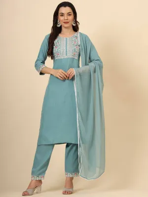 Aqua Blue Trendy Designer Readymade Pant Suit With Embroidery Work