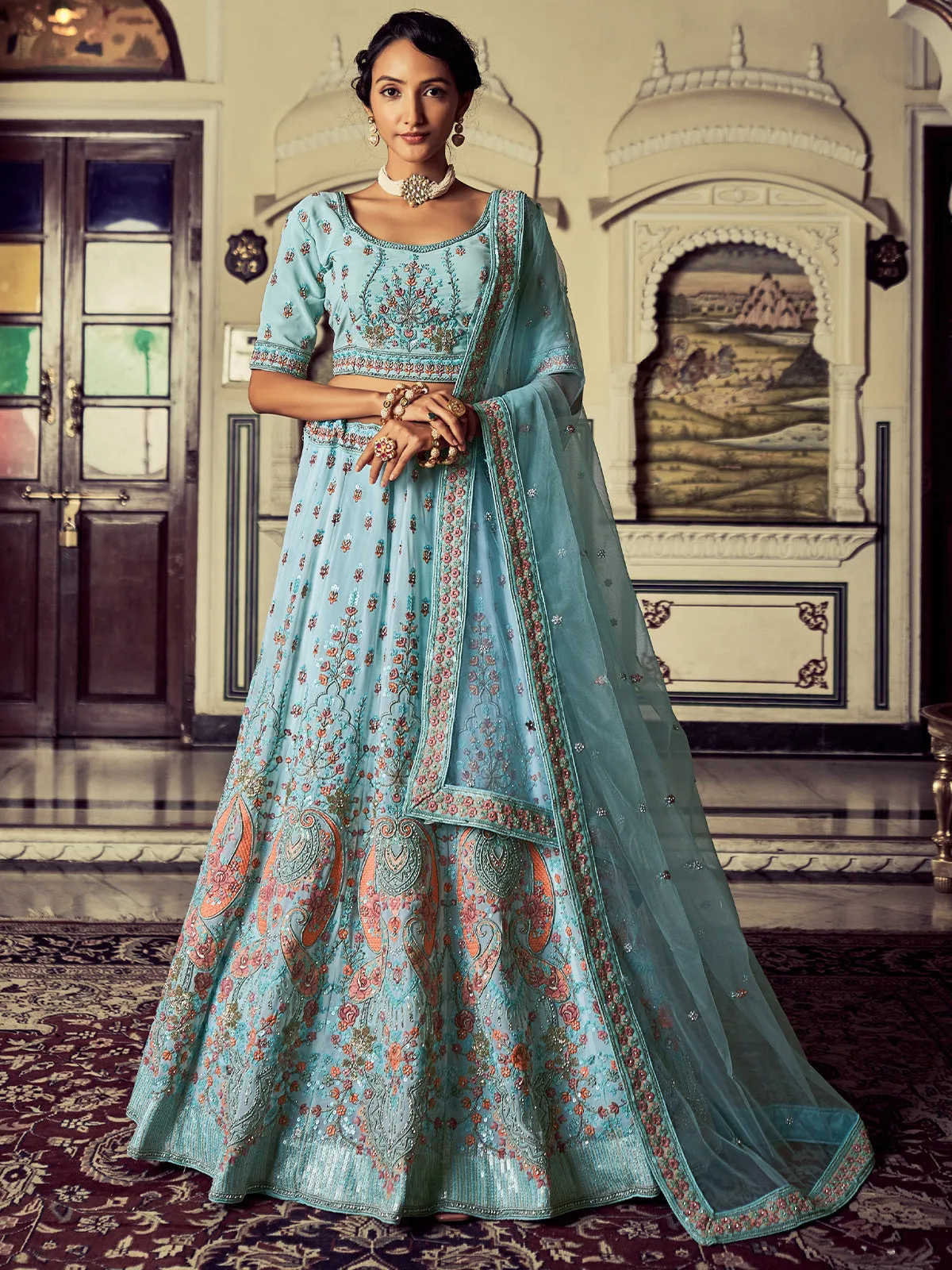 Attractive Blue Georgette Embroidered Semi Stitched Lehenga With Unstitched Blouse