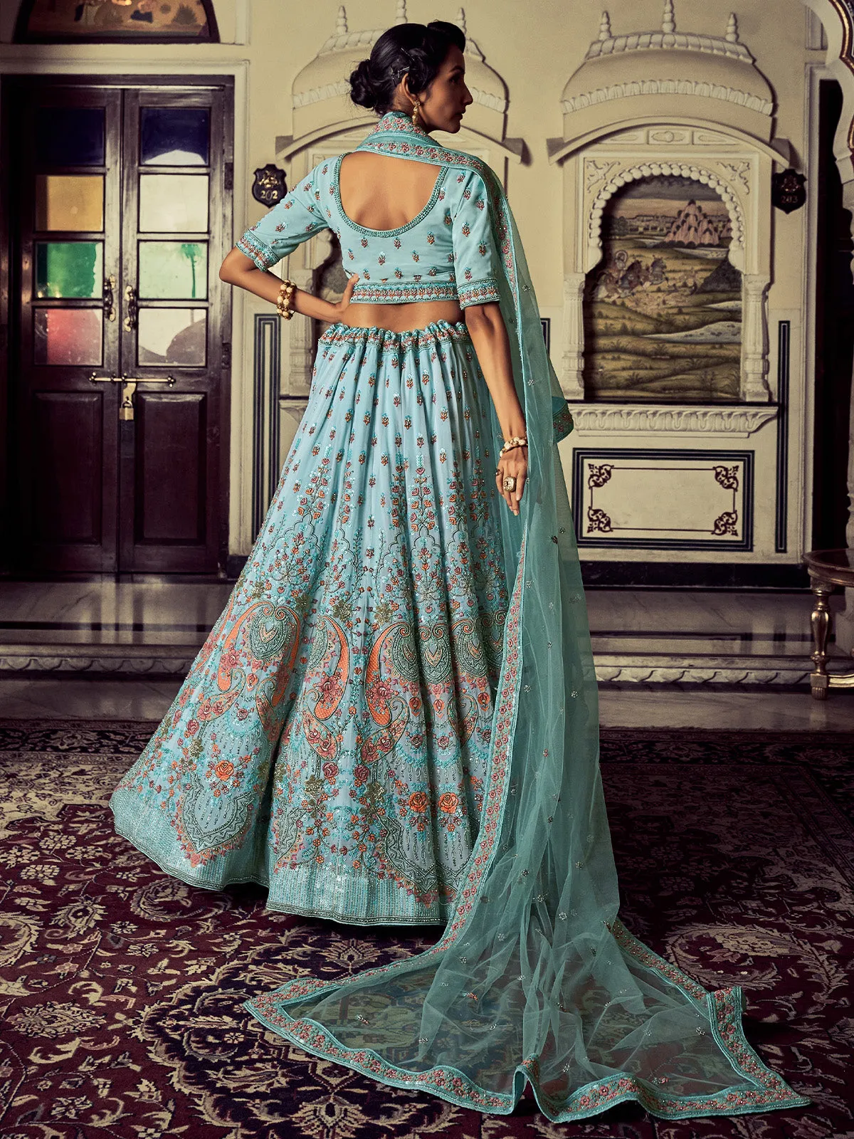 Attractive Blue Georgette Embroidered Semi Stitched Lehenga With Unstitched Blouse