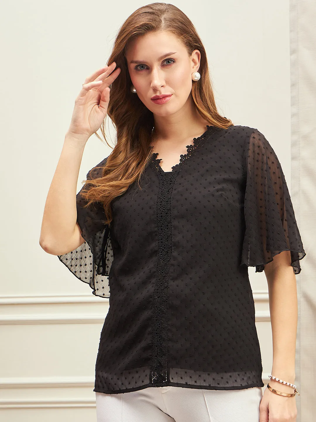 Berrylush BIZwear Women Solid Black Dobby Weave V-Neck Three-Quarter Sleeves Semi-Sheer Lace-Up Regular Top