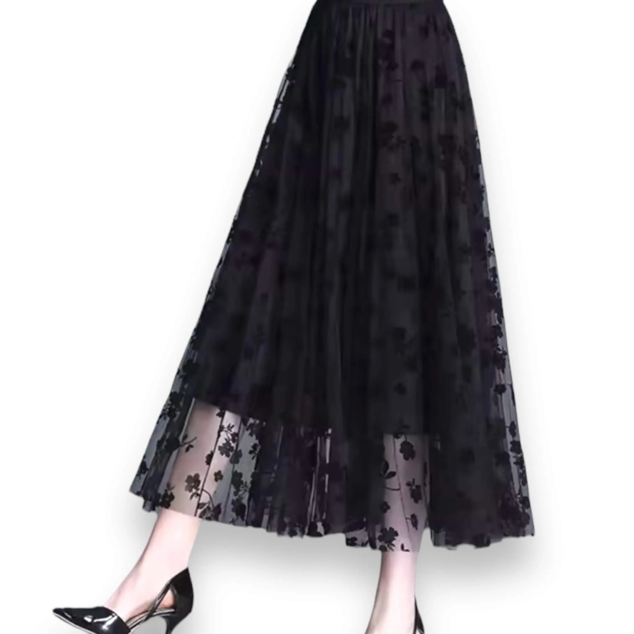 Black Floral Mesh Midi Skirt