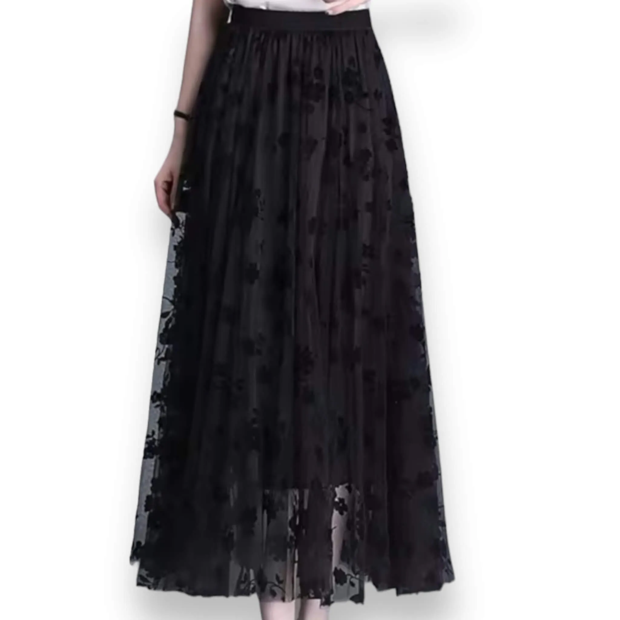 Black Floral Mesh Midi Skirt