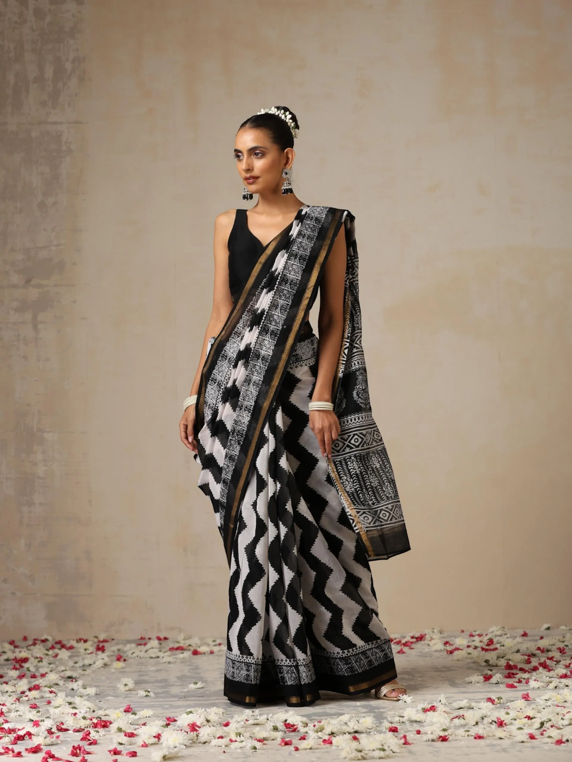 Black Temple Pure Chanderi Silk Cotton Hand Printed Saree with Blouse Fabric