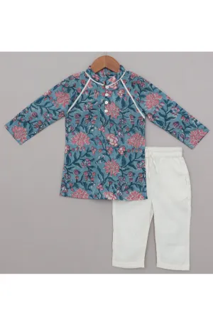 Blue And Pink Floral Printed Cotton Kurta With Pyjama Set