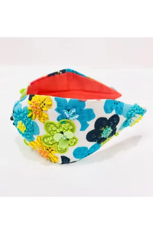 Blue And White Flower Embroidered Pure Crepe Hairband