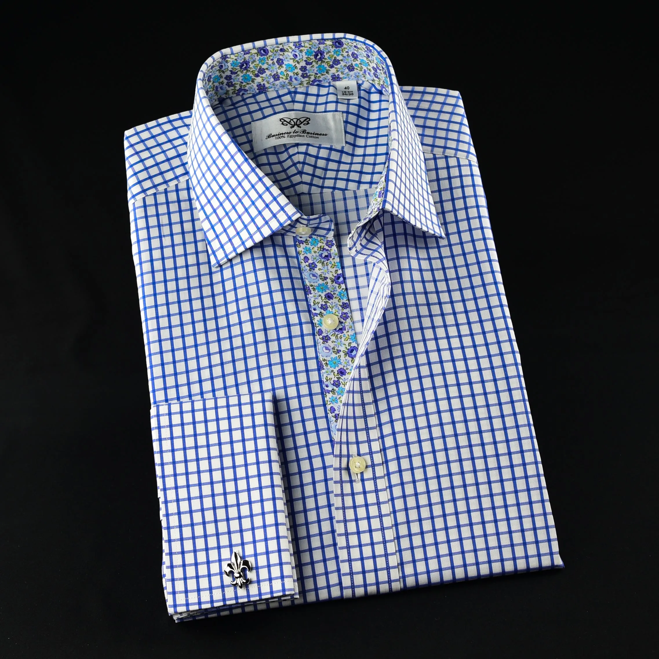 Blue Check Business Dress Shirt Men's Classic Formal French Cuff Floral Style A