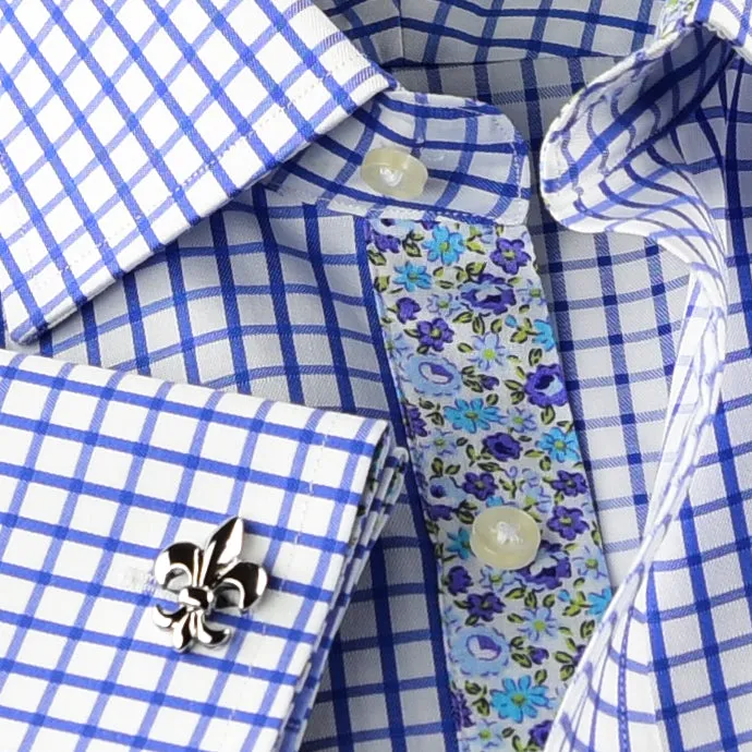 Blue Check Business Dress Shirt Men's Classic Formal French Cuff Floral Style A