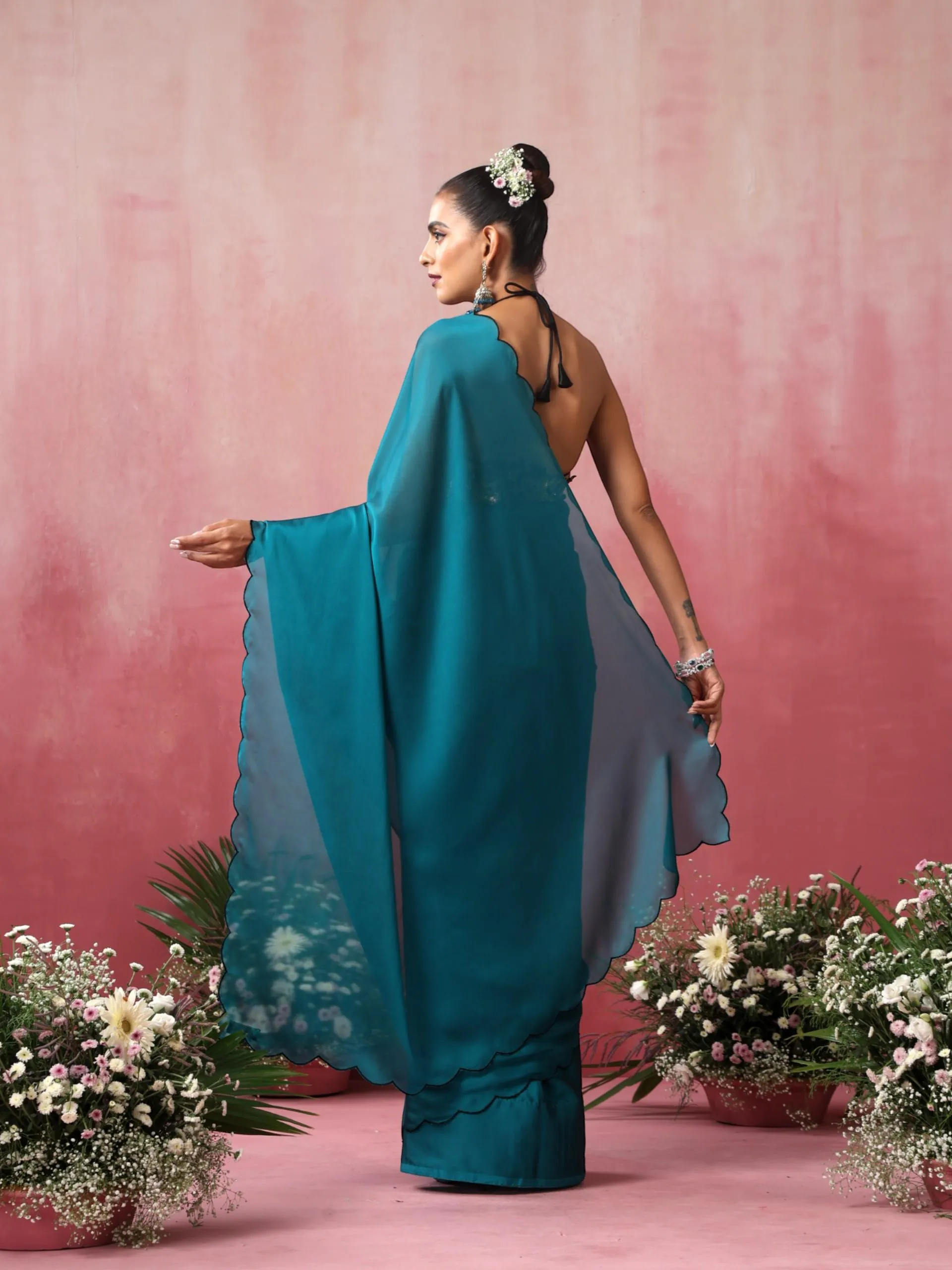 Blue Steel Dual Shade Chiffon Saree with Embroidered Scallop