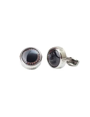 Classic Silver Cufflinks with Black Enamel and Geometric Border