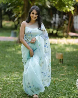 Cloudy Blue Sree in Organza Hand Painted Foil Floral