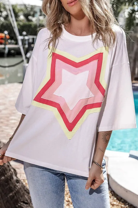 Colorblock Star Patched Half Sleeve Oversized Tee