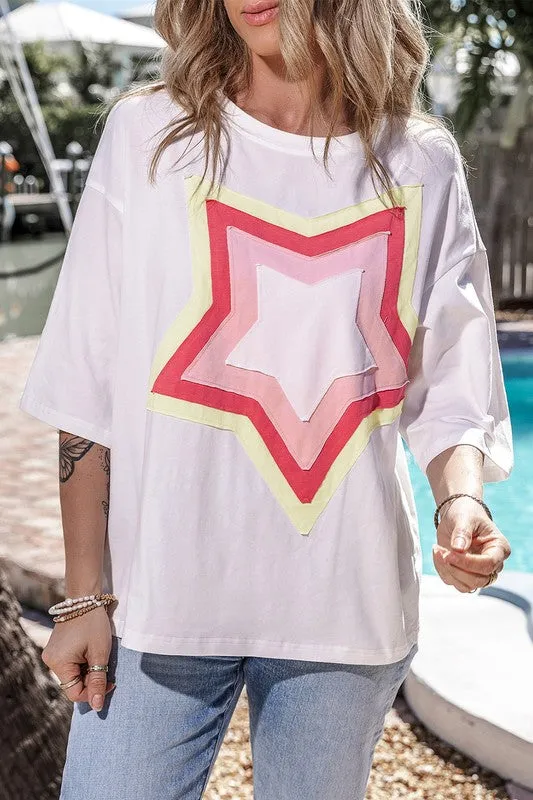 Colorblock Star Patched Half Sleeve Oversized Tee