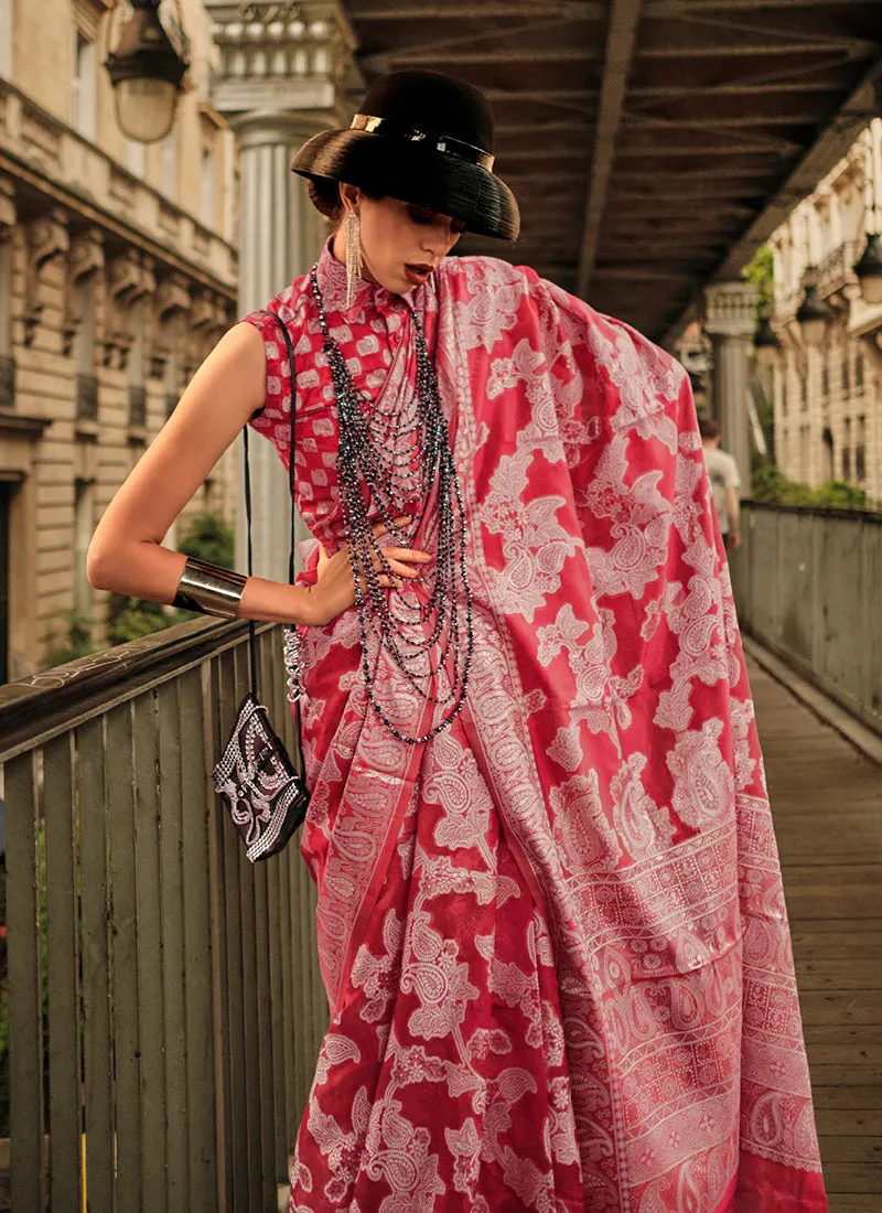 Crimson Lucknowi Handloom Woven Organza Silk Saree