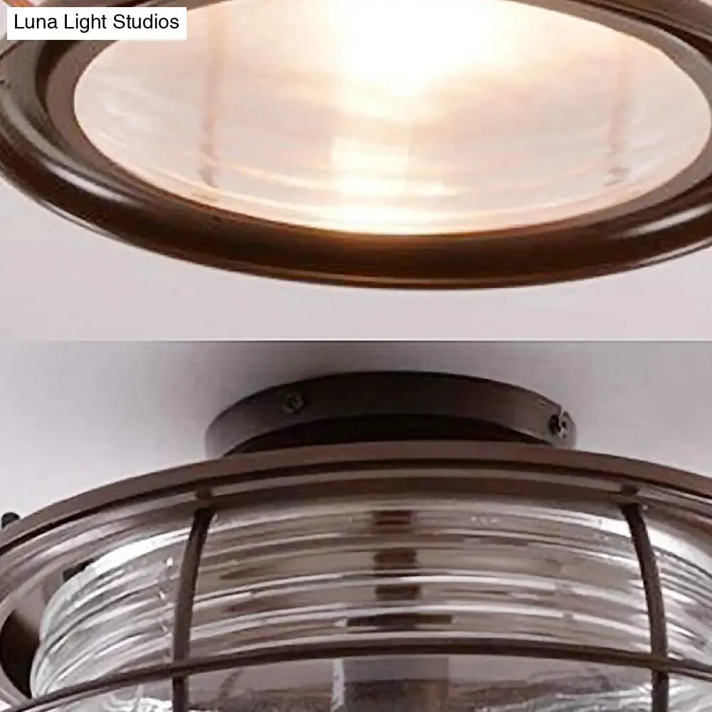 Dark Coffee Caged Metal Semi Mount Ceiling Light for Classic Living Room, 1-Light