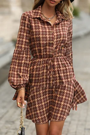 Elegant Plaid Frenulum Turndown Collar Long Sleeve Dresses