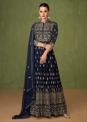 Fetching Navy Blue Georgette Wedding Party Anarkali Suit