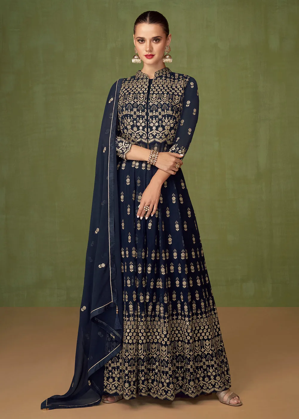 Fetching Navy Blue Georgette Wedding Party Anarkali Suit