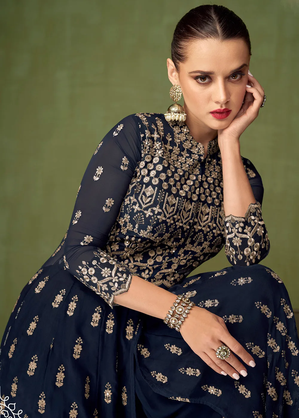 Fetching Navy Blue Georgette Wedding Party Anarkali Suit