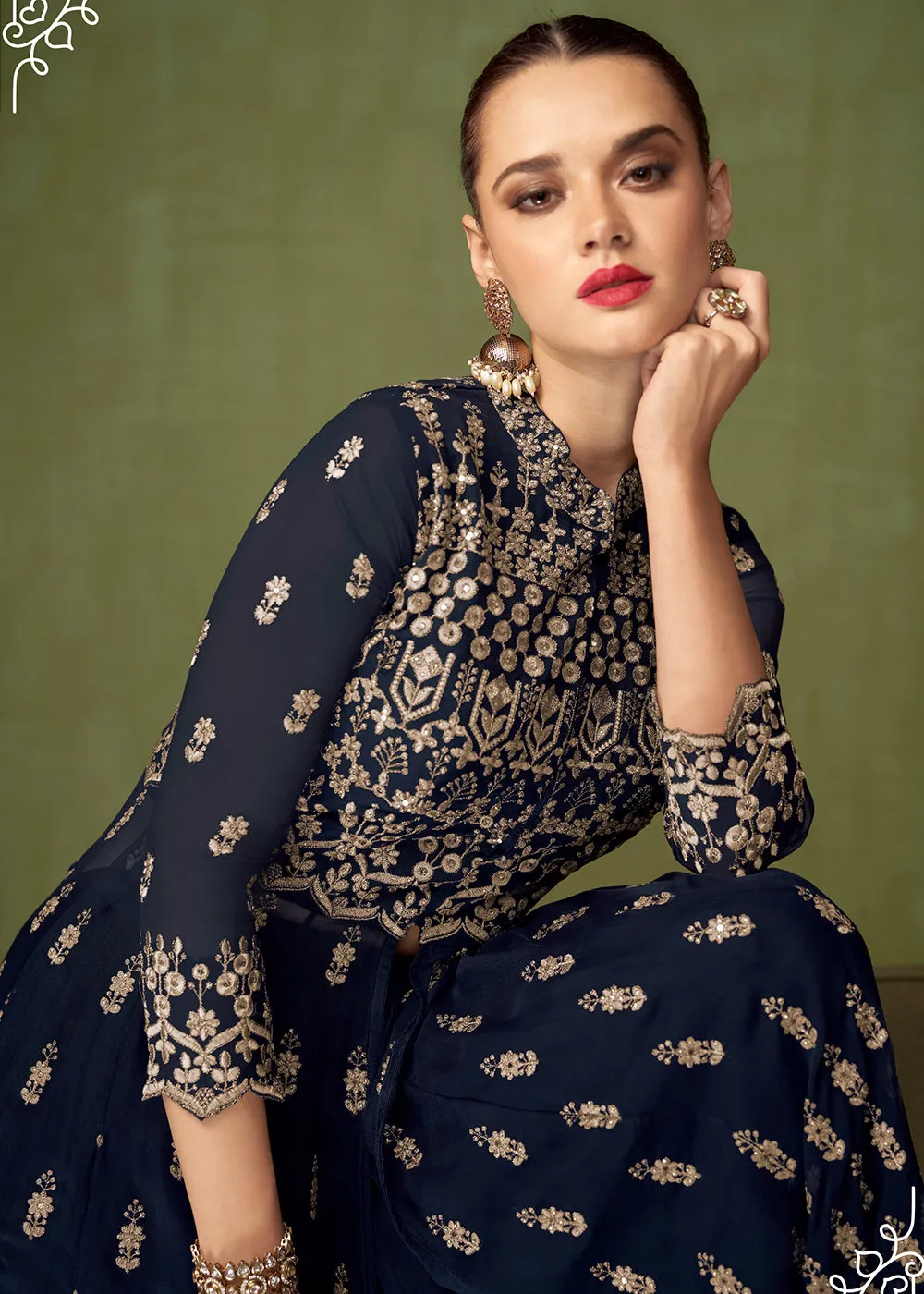 Fetching Navy Blue Georgette Wedding Party Anarkali Suit