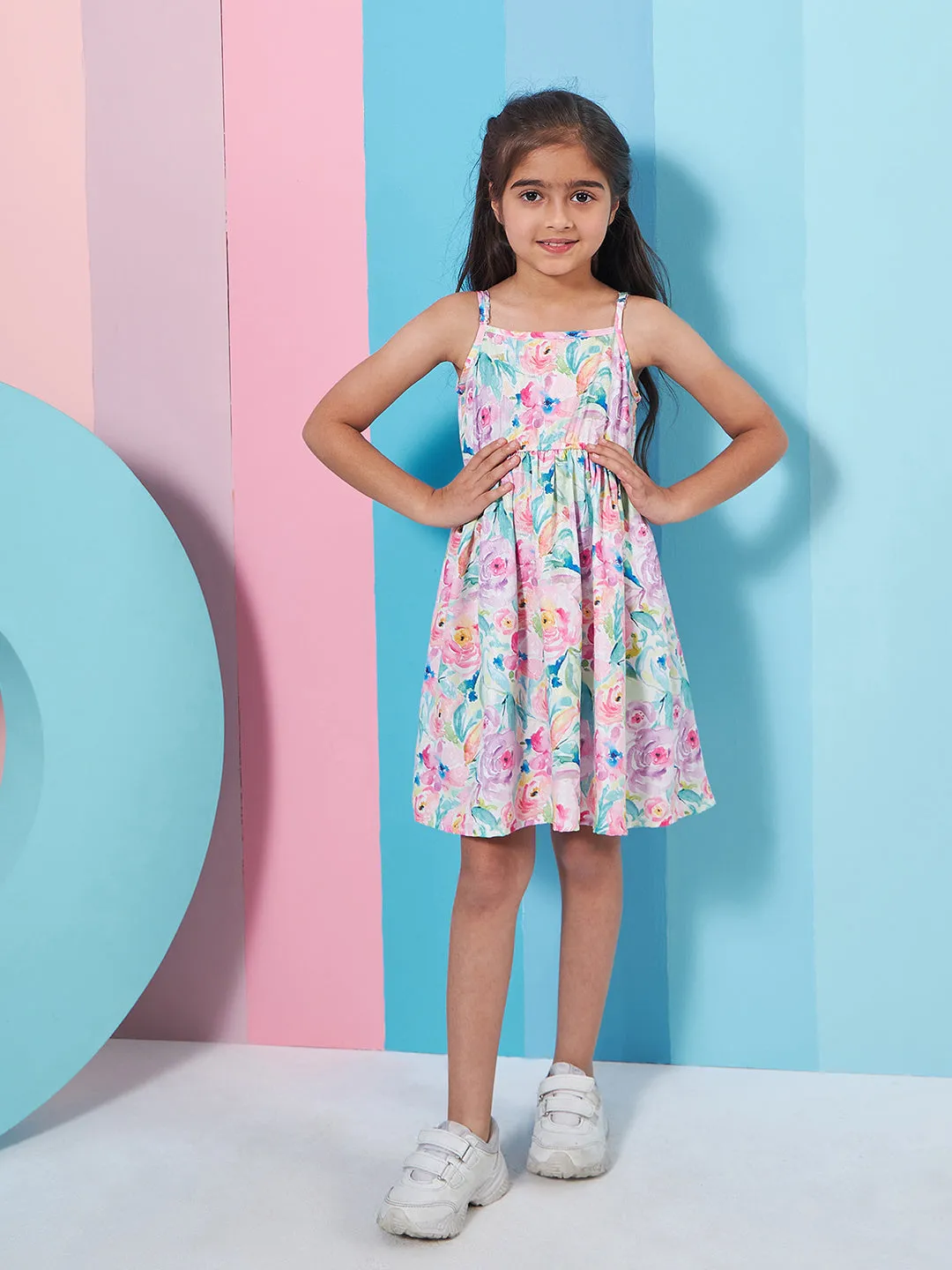 Girls Floral Print Shoulder Strap Georgette Fit Flare Dress - PS Peaches