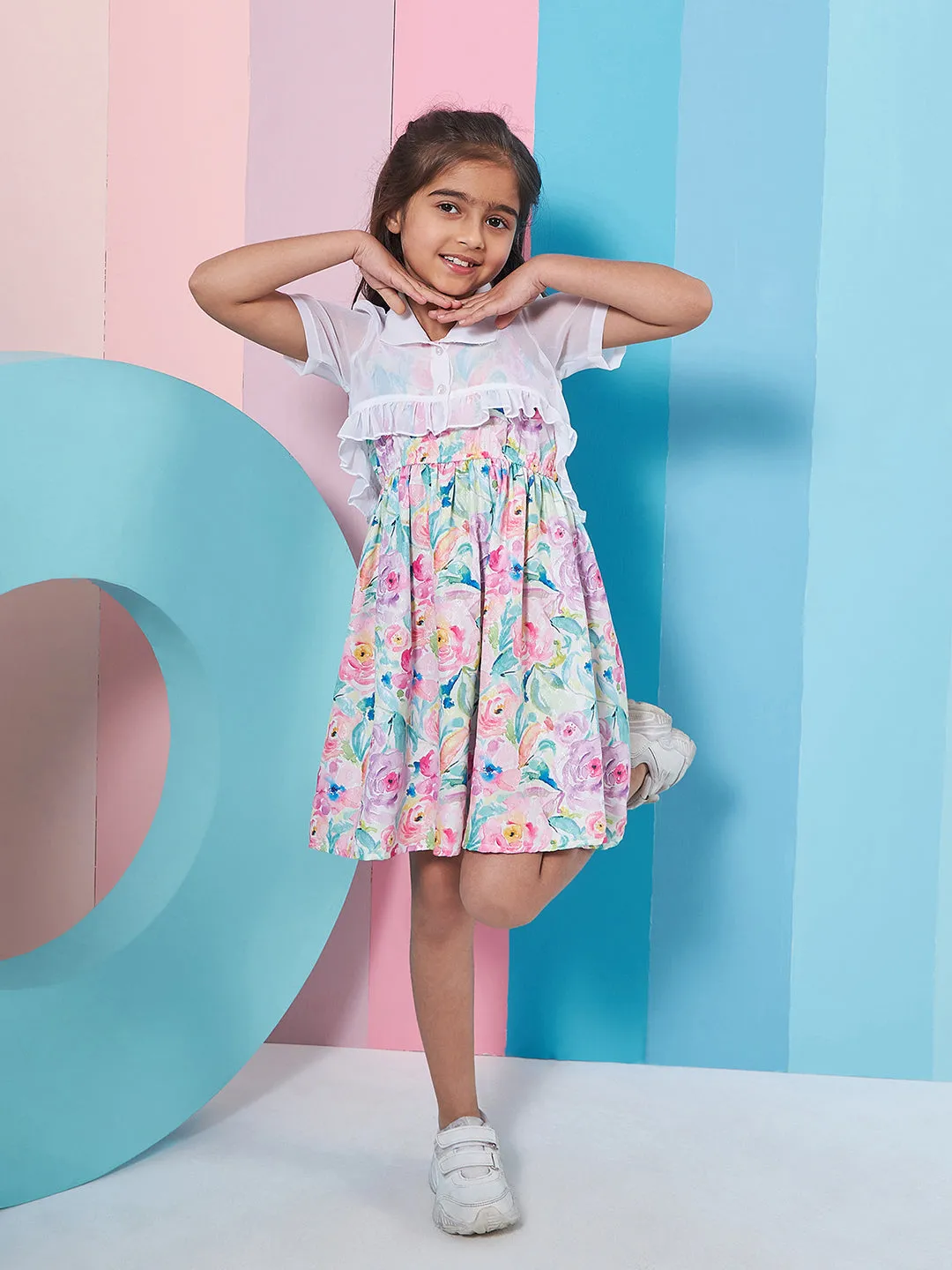 Girls Floral Print Shoulder Strap Georgette Fit Flare Dress - PS Peaches