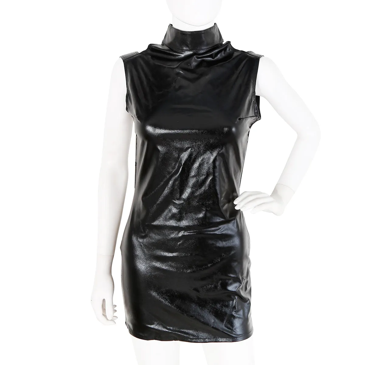 Halter Neck Open Back Wet Look Dress | Black | Fetish  |  Stretch  | One size