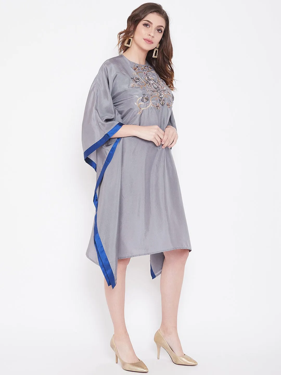 Hand Embroidered Grey Silk Kaftan Dress