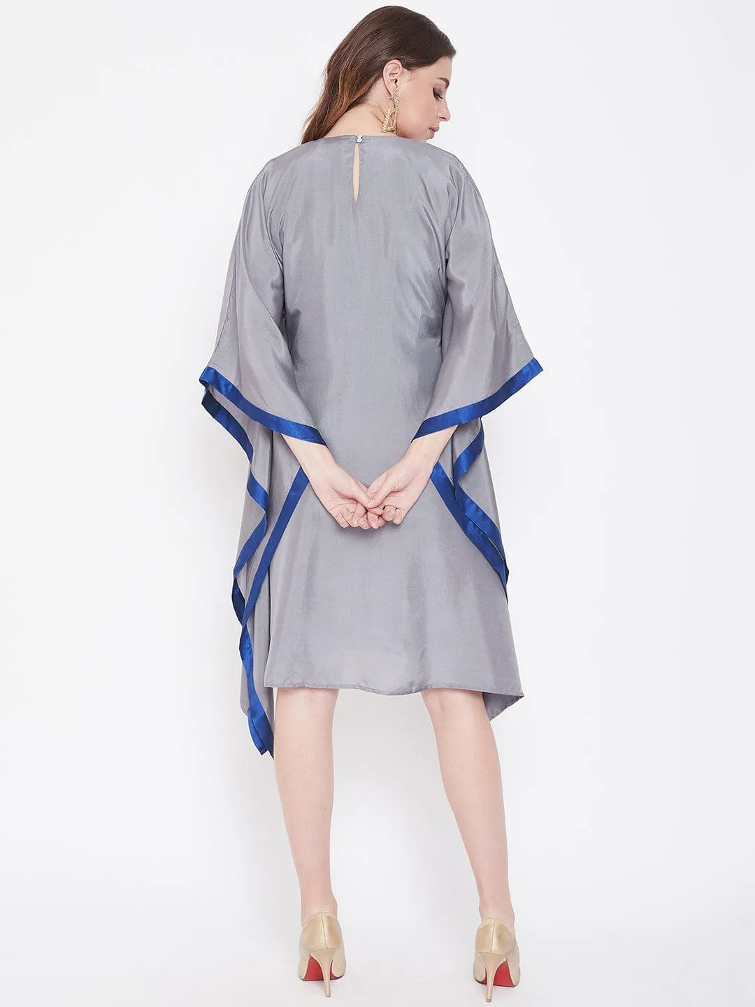 Hand Embroidered Grey Silk Kaftan Dress