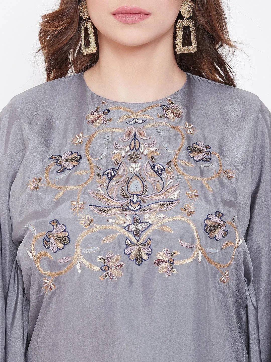 Hand Embroidered Grey Silk Kaftan Dress