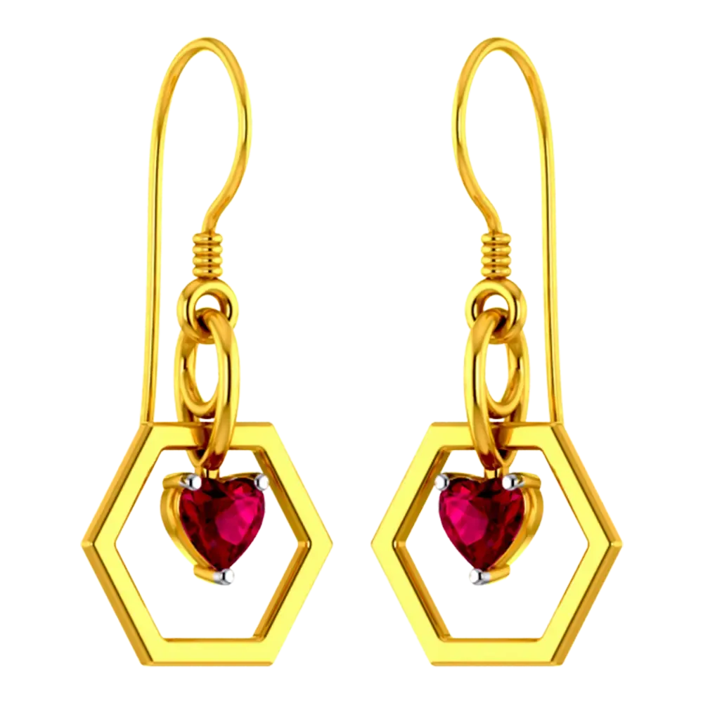 Hexagonal 14k Gold Earring With A Red Heart Pendant