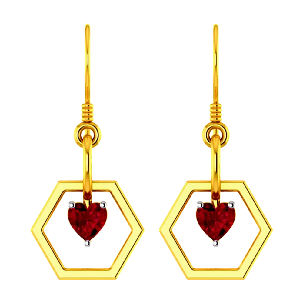 Hexagonal 14k Gold Earring With A Red Heart Pendant