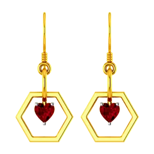 Hexagonal 14k Gold Earring With A Red Heart Pendant