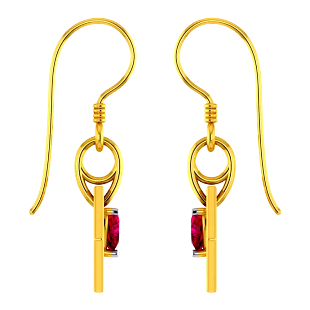 Hexagonal 14k Gold Earring With A Red Heart Pendant