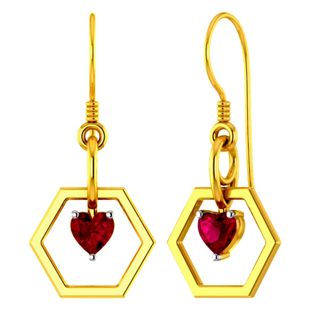 Hexagonal 14k Gold Earring With A Red Heart Pendant