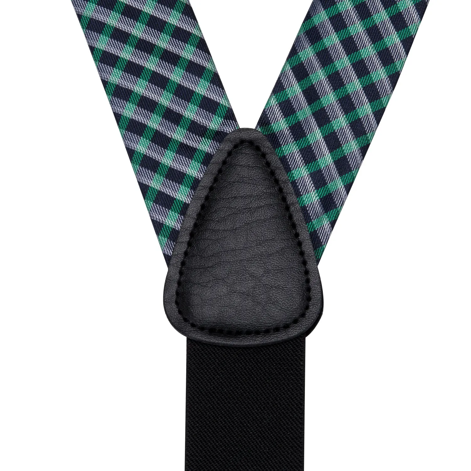 Hi-Tie Green Black Plaid Suspender Bowtie Pocket Square Cufflinks Set