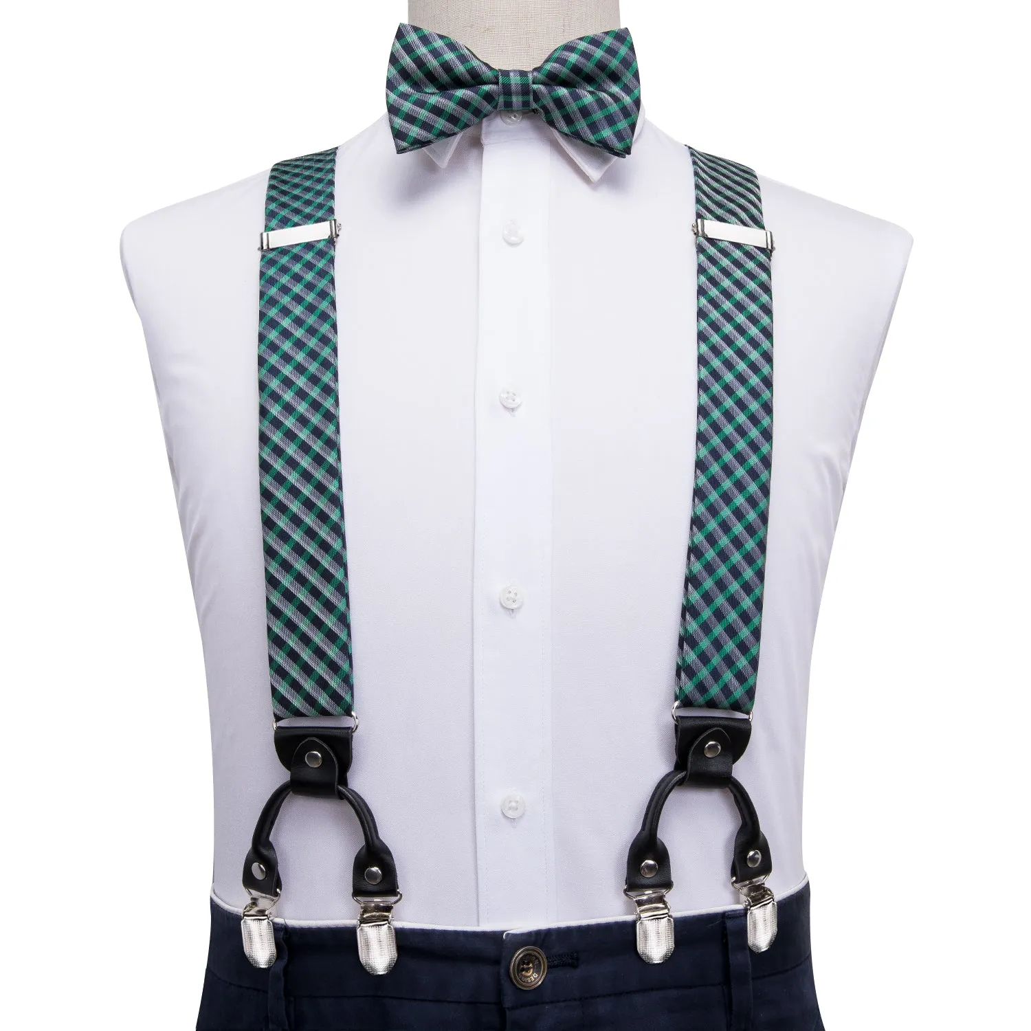 Hi-Tie Green Black Plaid Suspender Bowtie Pocket Square Cufflinks Set