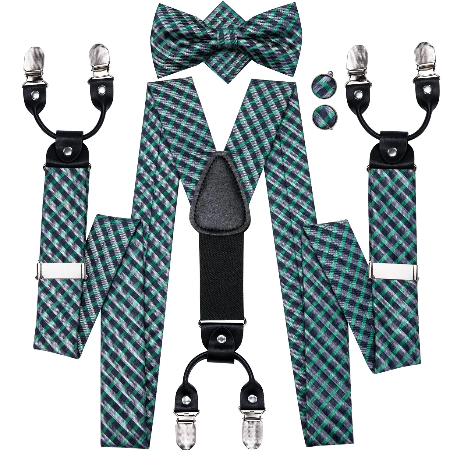 Hi-Tie Green Black Plaid Suspender Bowtie Pocket Square Cufflinks Set