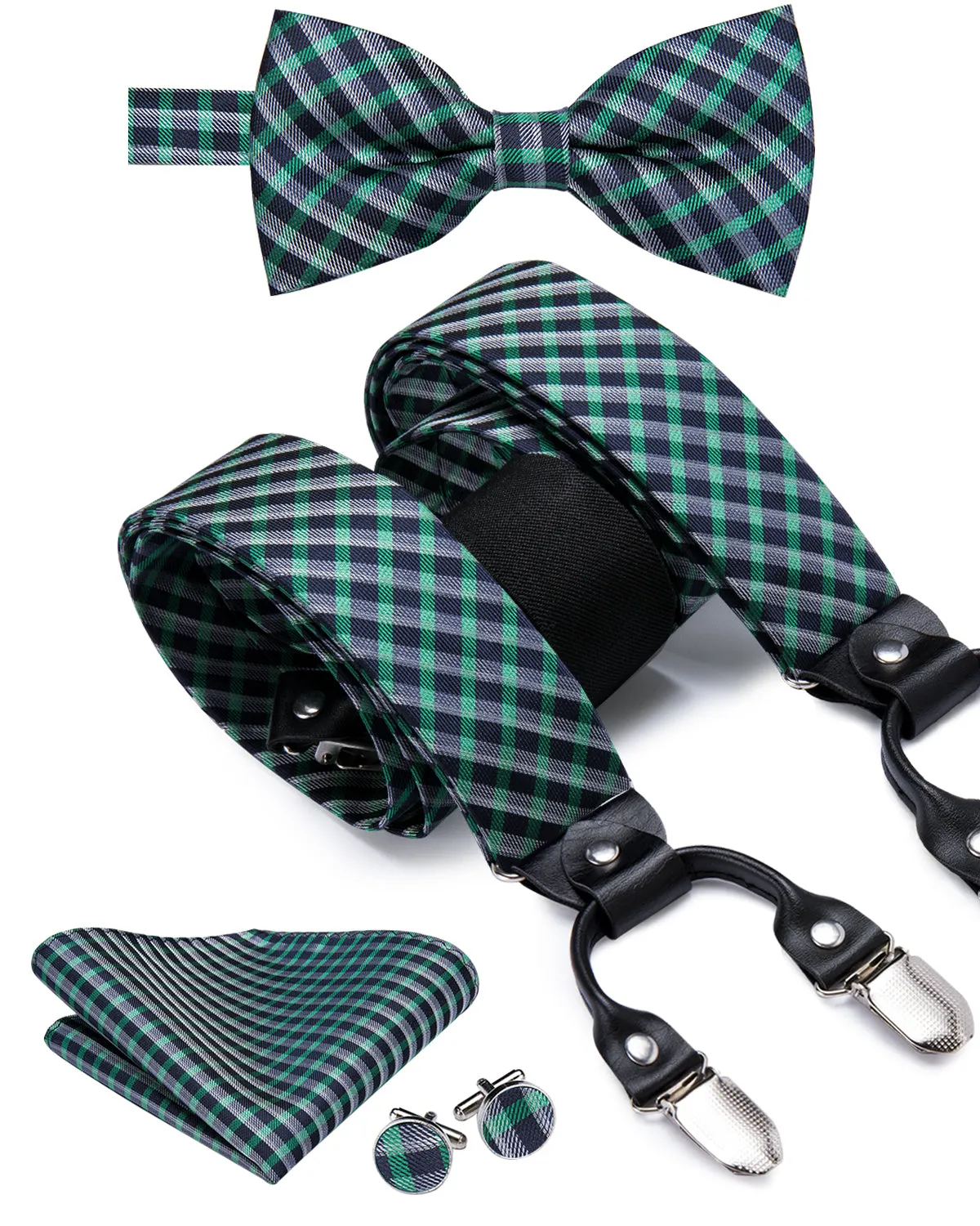 Hi-Tie Green Black Plaid Suspender Bowtie Pocket Square Cufflinks Set