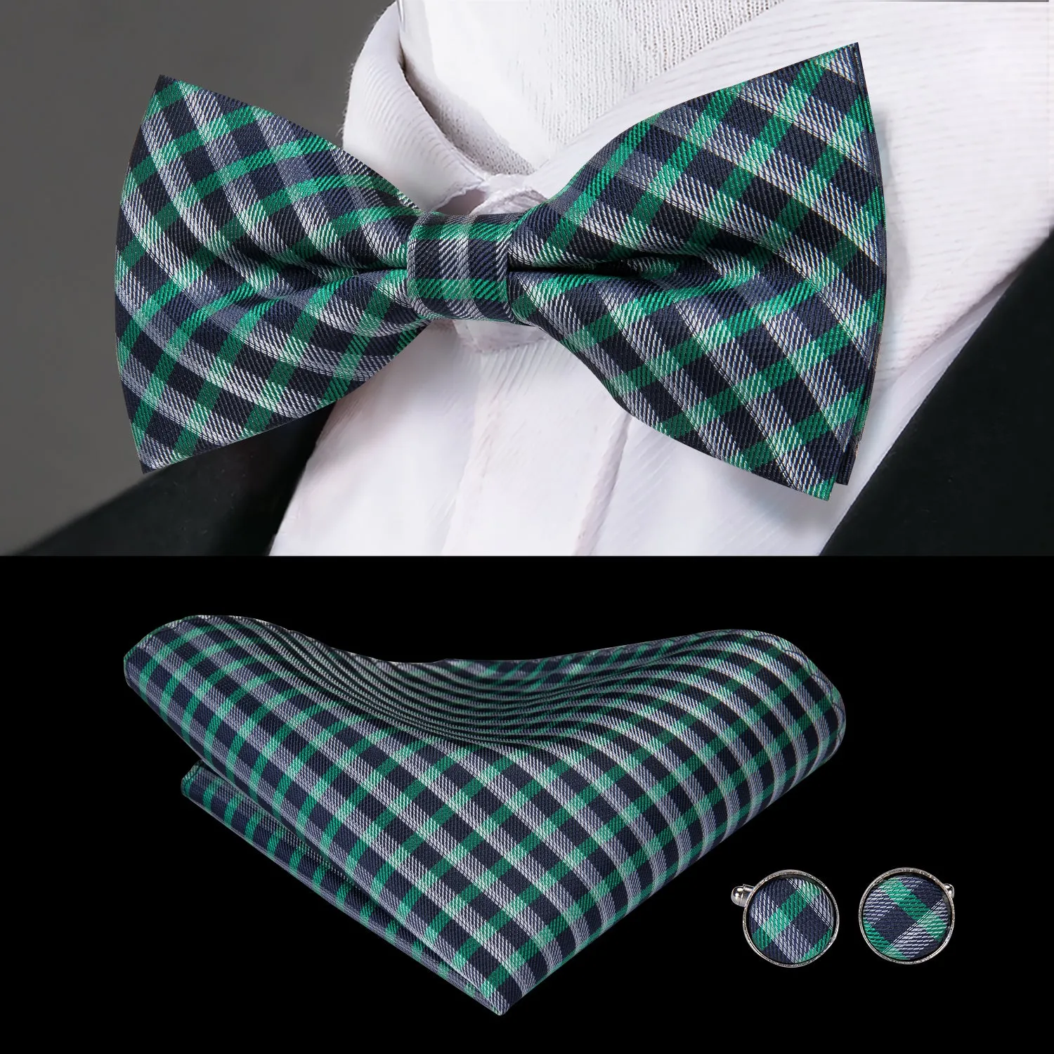 Hi-Tie Green Black Plaid Suspender Bowtie Pocket Square Cufflinks Set