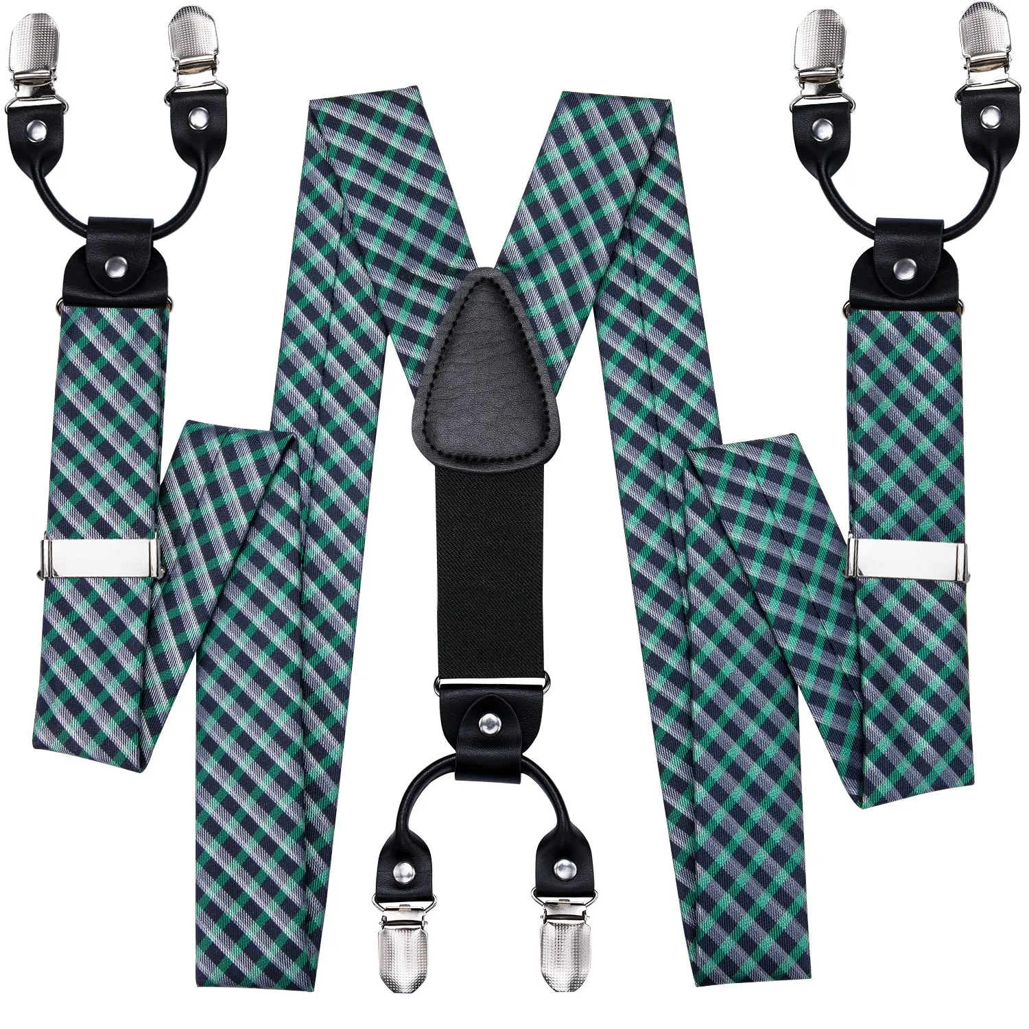 Hi-Tie Green Black Plaid Suspender Bowtie Pocket Square Cufflinks Set