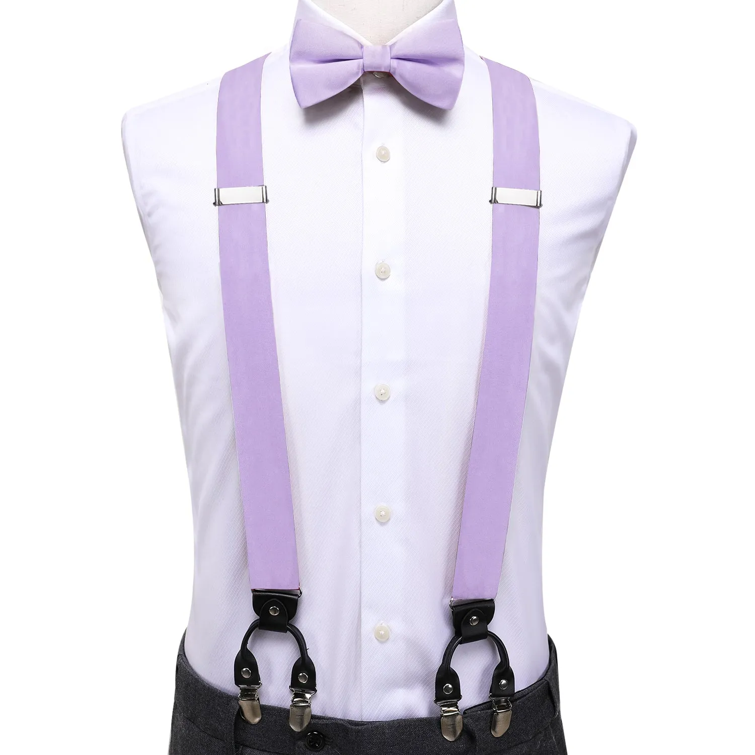 Hi-Tie Lilac Purple Solid Wedding Suspender Bowtie Hanky Cufflinks Set