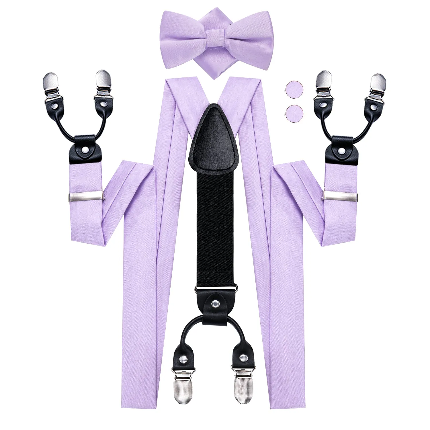 Hi-Tie Lilac Purple Solid Wedding Suspender Bowtie Hanky Cufflinks Set